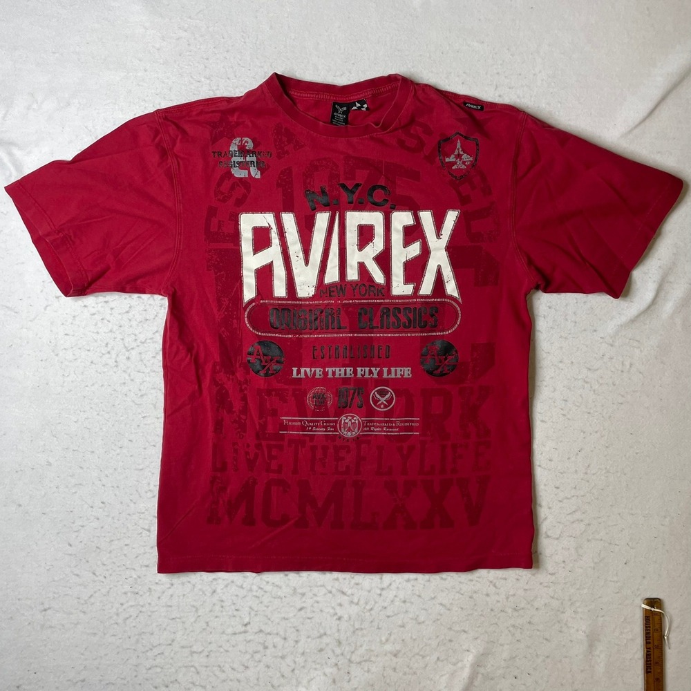 Avirex T-Shirt Mens Large Red Graphic Print‎ Short Sleeve Crew Neck Cotton Tee